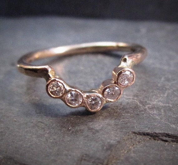 Diamond Arc ring, Curved Wedding Band, Nesting Ring,  5 Bezel Set Diamond Chevron, 14k gold