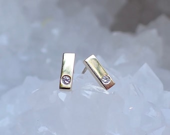 Single Diamond Bar Studs in Solid 14k Gold