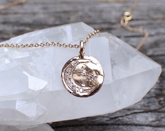 Crescent Diamond and Stars Coin Pendant