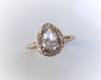 Icy White Salt and Pepper Diamond Halo Setting, Hand Carved in 14k Yellow Gold