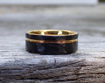 Hammered 8mm Matte Black Men's Tungsten Band, with 18k Gold Groove and Accent