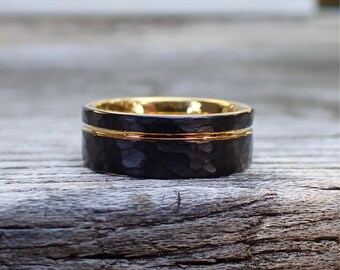 Hammered 8mm Matte Black Men's Tungsten Band, with 18k Gold Groove and Accent