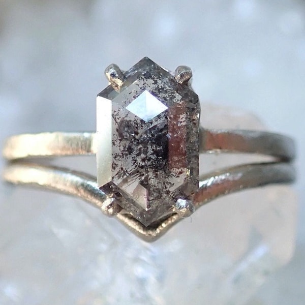 Custom: Elongated Hexagon Cut, Salt and Pepper Diamond Engagement Ring