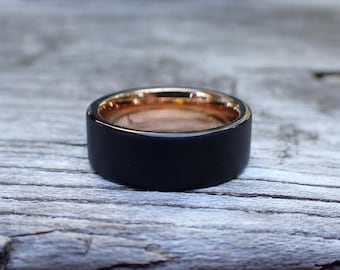 8mm Matte Black Men's Tungsten Band, with 18k Rose Gold Accent