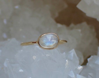 Rainbow Moonstone Ring, Solid 14k, Rose Cut Moonstone, Minimalist Ring
