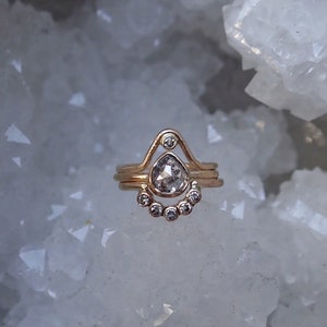 Diamond Arc ring, Curved Wedding Band, Nesting Ring,  5 Bezel Set Diamond Chevron, 14k gold