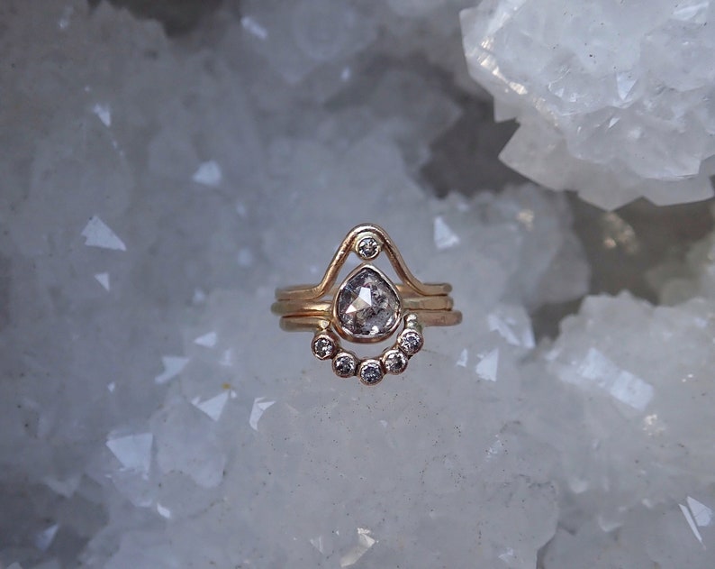 Diamond Arc ring, Curved Wedding Band, Nesting Ring,  5 Bezel Set Diamond Chevron, 14k gold