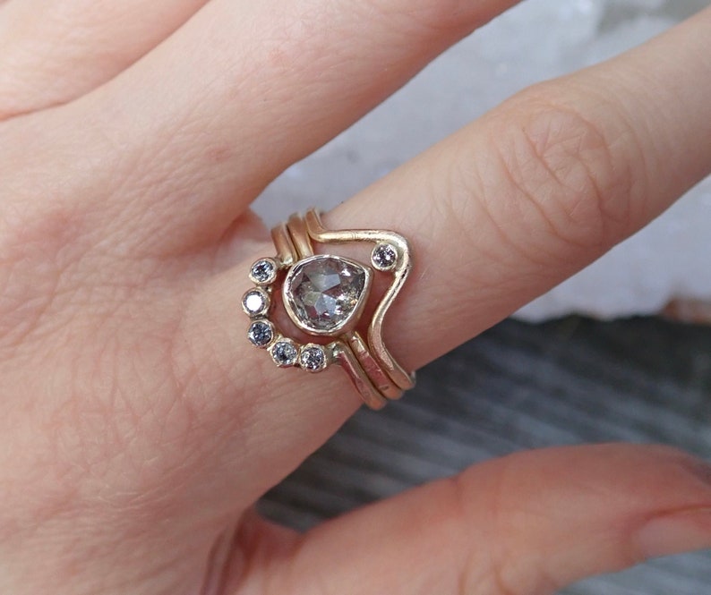 Diamond Arc ring, Curved Wedding Band, Nesting Ring,  5 Bezel Set Diamond Chevron, 14k gold
