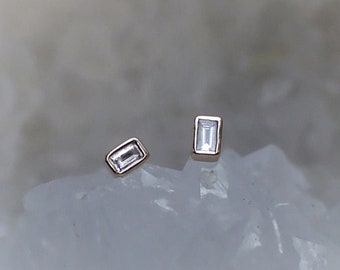 Baguette Diamond Stud Earrings, Solid 14k Gold
