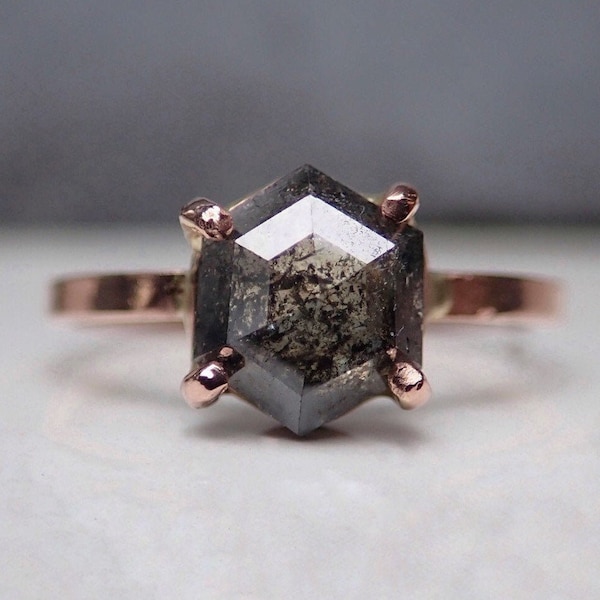 Hexagon Diamond ring, Salt and Pepper Diamond, Unique Engagement Ring, Custom Diamond Ring, Rose Cut Diamond