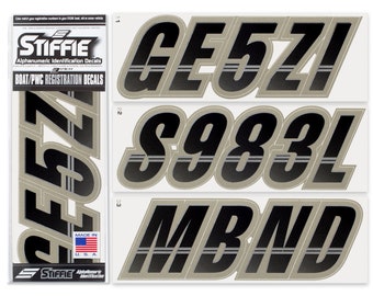 STIFFIE Techtron Black/Pewter 3" Alpha-Numeric Boat Registration Numbers Identification Stickers Decals