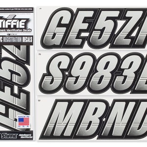 May include: Silver and black alphanumeric identification decals for boats and PWC. The package includes a set of decals with the text "GE52I", "S983L", and "MBND". The decals are 3 inches in height and made in the USA.