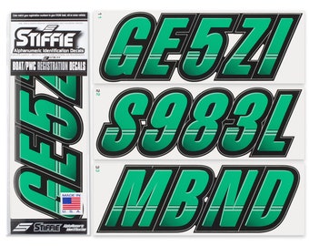 STIFFIE Techtron Sea Foam Green/Black 3" Alpha-Numeric Boat Registration Numbers Identification Stickers Decals