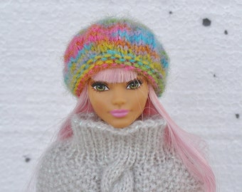 Rainbow wool hat, 12 inch doll winter beret, Hand knitted hat