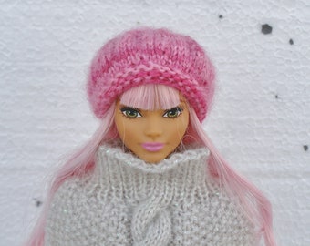 Pink wool hat, 12 inch doll winter hat, Hand knitted beret