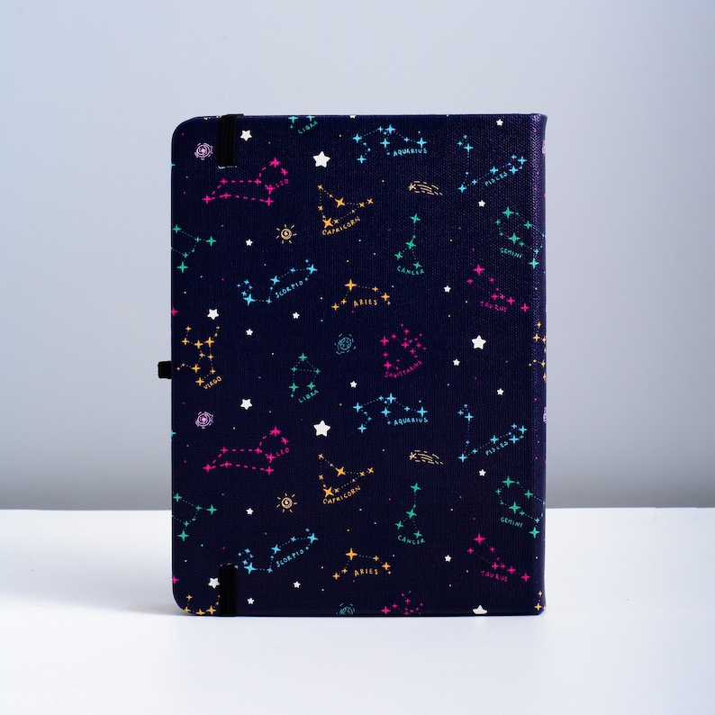 May include: A dark blue notebook cover with a constellation pattern. The constellations are outlined in pink, blue, green, and yellow. The constellations are labeled with their astrological signs.