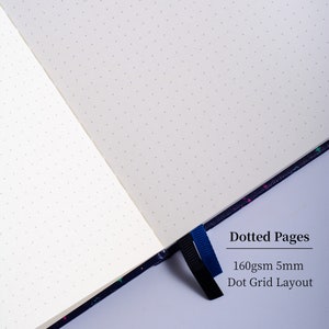 May include: Open notebook with dotted pages. The pages are white with a subtle gray dot grid pattern. The notebook cover is blue with a colorful design. The text on the page reads "Dotted Pages 160gsm 5mm Dot Grid Layout".