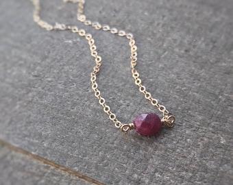 14k gold filled sterling silver tiny red faceted ruby necklace / bridesmaid necklace / dainty necklace / minimalist / July birthstone