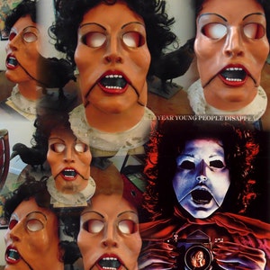 May include: A collage of images featuring a horror movie mask with a wide open mouth and a stitched closed mouth. The mask is a realistic depiction of a woman's face with brown skin, dark hair, and white eyes. The mask is featured in various poses and angles. The collage also includes a poster for the horror movie "Tourist Trap" with the text "Every Year Young People Disappear".
