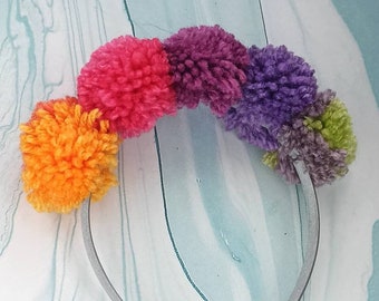 Rainbow pompoms headband, multicolor headband, rainbow pompoms