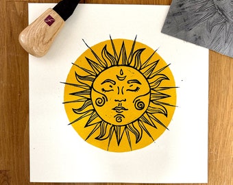 Sun Linocut Print: Hand-Carved Oil-Based Ink (21x21cm)