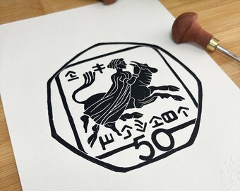 50 Cent Cyprus Coin Lino Print
