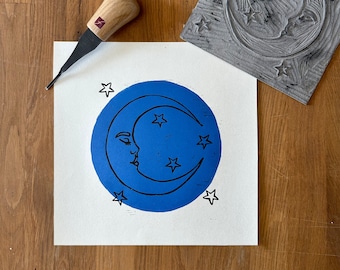 Hand Carved Moon Linocut Print, Celestial Wall Art (21x21cm)