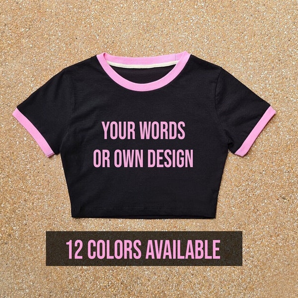 Black and Pink Baby crop ringer tshirt, baby crop top , custom crop top with image, ringer t shirt ,custom ringer shirt, crop top women