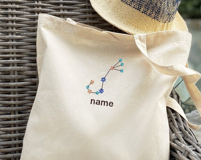 Personalized Zodiac constellation Embroidered custom name natural tote bag, Custom Embroidered canvas Tote Bag, Birthday Astrology Gifts