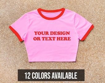 Campanero rosa y rojo Camiseta ringer de cultivo de bebé, top de cultivo de bebé, top de cultivo personalizado con imagen, camiseta de timbre, top de cultivo mujeres