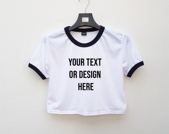 Black Ringer Tshirt, Crop Top Ringer, Custom Crop Top With