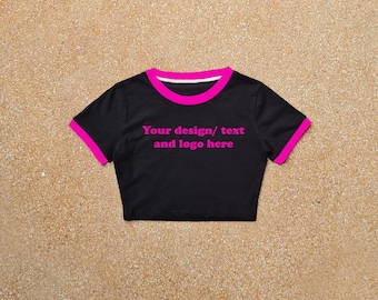 Custom black t-shirt with redpink Baby Crop Ringer T-Shirt: Black & redPink, Design Your Own
