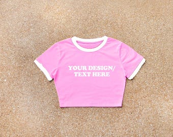 Custom Baby Crop Ringer T-Shirt: Pink & White Cotton Blend