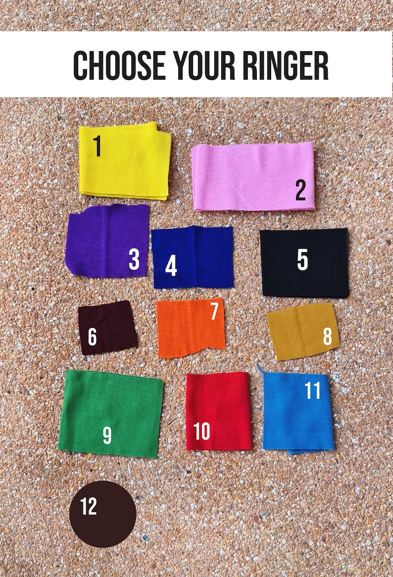 May include: Twelve fabric swatches in different colors, numbered 1 through 12. The swatches are arranged in a grid pattern on a textured surface.  Choose Your Ringer.
