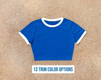 Blank Blue Crop Ringer T-Shirt: Women's Cotton Tee