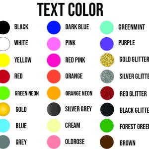 May include: A chart with color swatches and text labels for different colors, including black, white, yellow, red, green neon, gold, blue, grey, dark blue, pink, red pink, orange, orange neon, silver grey, greenmint, purple, gold glitter, silver glitter, red glitter, black glitter, cream, forest green, and oldrose.