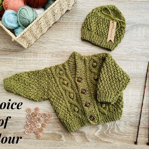 Hand knitted baby cardigan and hat set,  newborn baby size