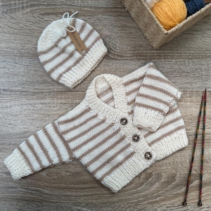 Hand knitted baby cardigan and hat set,  newborn baby size