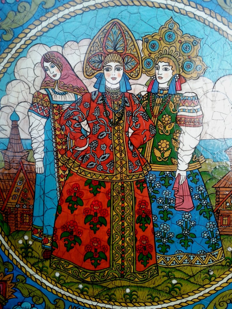 Russian folk art.Wooden painted collectible plate ancient | Etsy