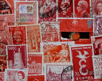 50 Red Postage Stamps // Vintage & Modern World Mixed Lot // Stamp Collecting // Scrapbooking // Mixed Media // Paper Crafts // Art Ephemera