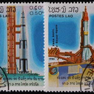10th Anniversary of Apollo and Soyuz Project Postage Stamp Set // Laos 1985 Used Vintage Post Ephemera // Outer Space // Spacecraft // Craft