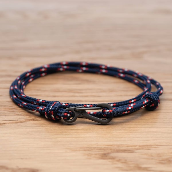 Navy Blue & Red Stripes Rope Bracelet, Carabiner Clip Wrap Bracelet, Nautical Style Rope, Mens Bracelet, Minimalist, Climbing Bracelet, PGUK