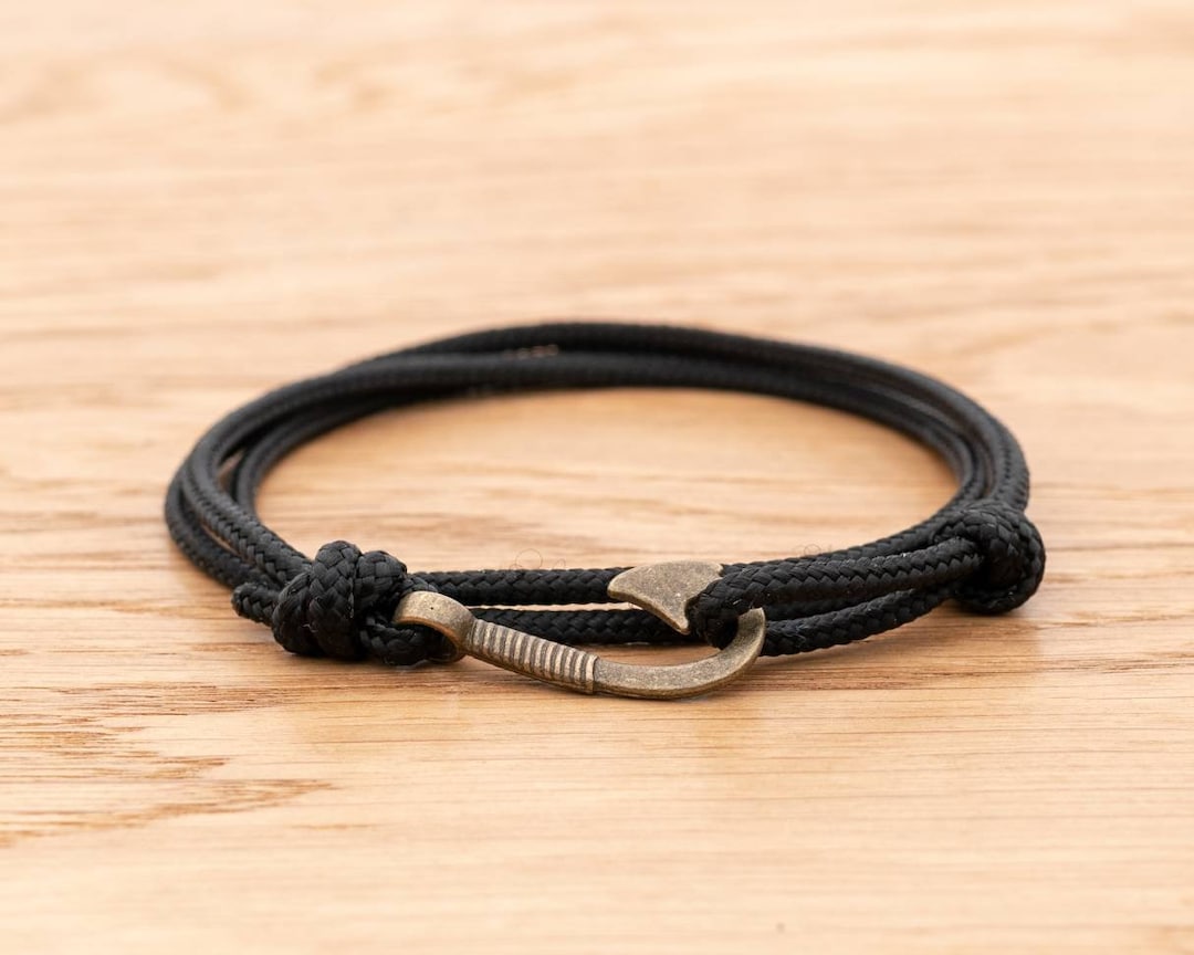 Jet Black Rope Bracelet, Antique Bronze Fish Hook Wrap Bracelet ...