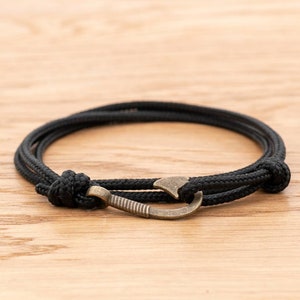 Jet Schwarzes Seil Armband, Antik Bronze Fischhaken Wickelarmband, Nautischer Stil Seil, Herren Armband, Minimalistisch, Angeln Armband, PGUK