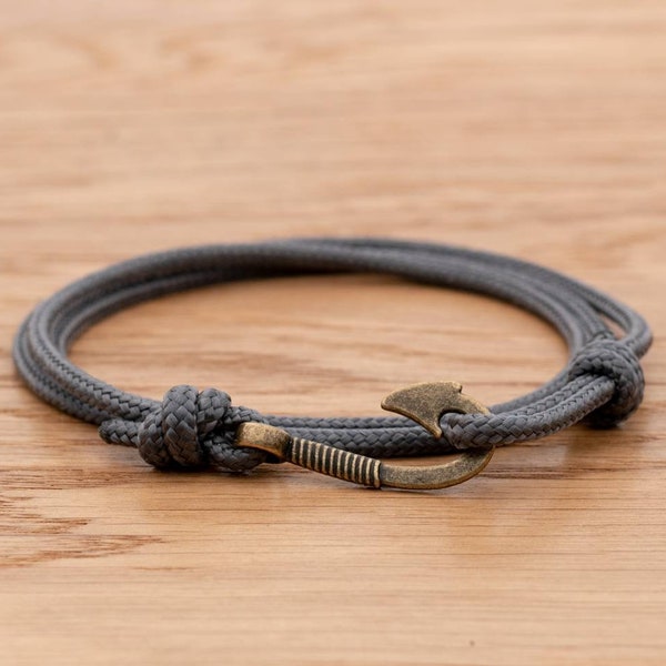 Graphite Grey Rope Bracelet, Antique Bronze Fish Hook Wrap Bracelet, Nautical Style Rope, Mens Bracelet, Minimalist, Fishing Bracelet, PGUK