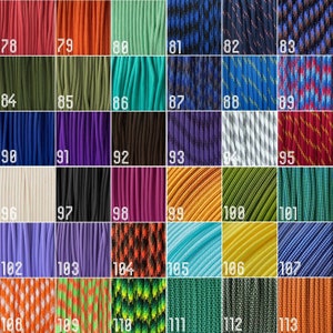 May include: A collection of 113 different colors of paracord, a type of strong nylon cord often used for crafting and survival purposes.