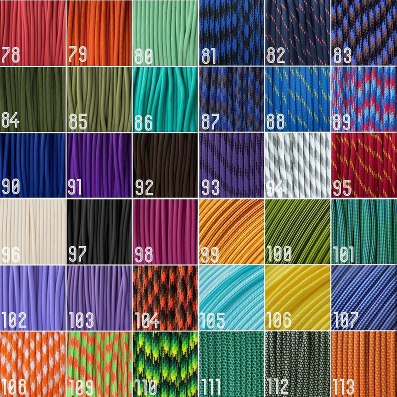 Peut inclure: Une collection de 113 couleurs diff&eacute;rentes de paracorde, un type de cordon en nylon r&eacute;sistant, dispos&eacute;es en grille. Chaque couleur est affich&eacute;e dans un carr&eacute; s&eacute;par&eacute;.