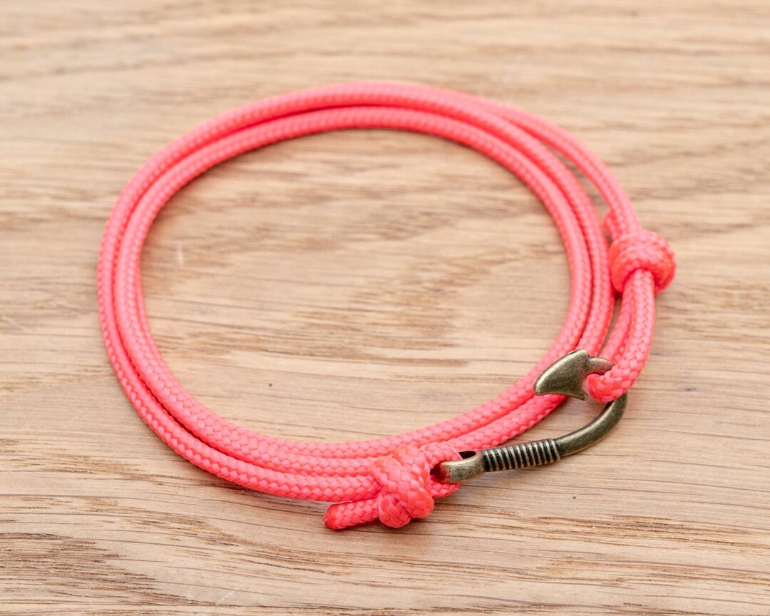 Salmon Hot Pink Rope Bracelet, Bronze Fish Hook Wrap Bracelet, Nautical