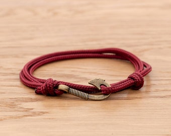 Burgundy Rope Bracelet, Fish Hook Wrap Bracelet, Nautical Style Rope, Mens Bracelet, Minimalist, Fishing Bracelet, PGUK
