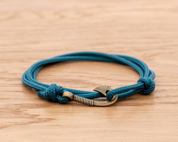 Teal Rope Bracelet, Antique Bronze Fish Hook Wrap Bracelet, Nautical Style  Rope, Mens Bracelet, Minimalist, Fishing Bracelet, PGUK 